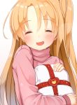  1girl :d ^_^ ame. azur_lane bangs blonde_hair blush cleveland_(azur_lane) closed_eyes commentary_request eyebrows_visible_through_hair facing_viewer fingernails gift hair_between_eyes head_tilt heart long_hair long_sleeves object_hug one_side_up open_mouth pink_sweater sleeves_past_wrists smile solo sweater turtleneck turtleneck_sweater very_long_hair white_background 