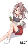  1girl bottle brown_eyes brown_hair commentary_request dated full_body hachimaki headband high_ponytail highres japanese_clothes kantai_collection long_hair looking_at_viewer meguru_(megurunn) muneate ponytail puffy_shorts red_shorts shorts simple_background sitting socks solo translation_request twitter_username white_background white_legwear zuihou_(kantai_collection) 