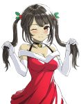  1girl bell bell_collar breasts brown_hair cleavage collar collarbone dress elbow_gloves eyebrows_visible_through_hair fur_trim gloves highres holding holding_hair jchoy one_eye_closed original red_dress santa_costume simple_background smile twintails white_gloves 