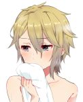  1girl ange_(princess_principal) bangs blonde_hair blue_eyes blush collarbone covered_mouth eyebrows_visible_through_hair gradient_hair grey_hair hair_between_eyes holding holding_towel merry_(168cm) multicolored_hair nude princess_principal simple_background solo towel wet white_background 
