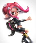  1girl agent_8 asymmetrical_clothes crop_top gonzarez highres looking_at_viewer midriff octarian pink_hair pointy_ears simple_background skirt solo splatoon splatoon_2 splatoon_2:_octo_expansion tentacle_hair 