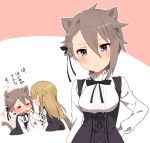  2girls =_= ange_(princess_principal) animal_ears bangs black_dress black_ribbon blue_eyes blush braid breasts brown_hair cat_ears cat_girl cat_tail closed_eyes dress eyebrows_visible_through_hair hair_between_eyes hair_ribbon head_tilt highres kemonomimi_mode long_sleeves medium_breasts merry_(168cm) multiple_girls princess_(princess_principal) princess_principal ribbon scratching_cheek shirt sweat tail translation_request trembling white_shirt 