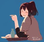  1girl blue_background bottle brown_hair brown_shirt choko_(cup) closed_eyes cup dated glass hair_ribbon ise_(kantai_collection) kantai_collection laughing open_mouth ponytail ribbon sake_bottle shirt short_hair solo takuzui tokkuri twitter_username upper_body 