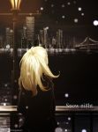  1girl artist_name blonde_hair bridge building city_lights cityscape english faceless from_behind kijineko lamppost night original outdoors river scenery short_hair snowing solo water 