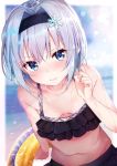  1girl bikini black_hairband blue_eyes blurry blush breasts commentary_request depth_of_field downblouse frilled_bikini frills hair_ornament hairband innertube leaning_forward looking_at_viewer navel outdoors rouka_(akatyann) ryuuou_no_oshigoto! short_hair silver_hair small_breasts snowflake_hair_ornament solo sora_ginko swimsuit wet 