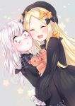  2girls :d ^_^ abigail_williams_(fate/grand_order) bangs black_bow black_dress black_hat blonde_hair blue_eyes blush bow butterfly closed_eyes closed_mouth commentary_request dress dutch_angle eyebrows_visible_through_hair fate/grand_order fate_(series) forehead hair_bow hat highres hiyoko_biimu horn hug lavinia_whateley_(fate/grand_order) long_hair long_sleeves multiple_girls object_hug open_mouth orange_bow parted_bangs polka_dot polka_dot_bow silver_hair sleeves_past_fingers sleeves_past_wrists smile stuffed_animal stuffed_toy teddy_bear very_long_hair violet_eyes 