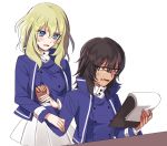 2girls andou_(girls_und_panzer) anger_vein angry arm_grab bangs bc_freedom_military_uniform bespectacled black-framed_eyewear black_hair blonde_hair blue_eyes blue_jacket blue_vest blush brown_eyes clipboard commentary dark_skin dress_shirt eyebrows_visible_through_hair fang frown girls_und_panzer glasses hand_on_another&#039;s_chest high_collar holding jacket light_frown long_sleeves looking_at_another medium_hair military military_uniform miniskirt multiple_girls open_mouth oshida_(girls_und_panzer) over-rim_eyewear pleated_skirt rectangular_eyewear semi-rimless_eyewear shirt shutou_mq simple_background sitting skirt standing sweatdrop table uniform vest white_background white_shirt white_skirt 