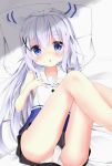  1girl :o ass bangs bare_legs bed_sheet black_skirt blue_eyes blush commentary_request eyebrows_visible_through_hair feet_out_of_frame gochuumon_wa_usagi_desu_ka? hair_ornament hairband hands_on_own_chest highres kafuu_chino kouda_suzu legs_up long_hair looking_at_viewer lying on_back on_bed open_mouth panties pantyshot pantyshot_(lying) pillow pleated_skirt sailor_collar shirt silver_hair skirt sleeveless sleeveless_shirt solo tareme underwear white_panties x_hair_ornament 