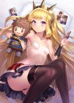  1girl ass black_legwear blonde_hair blush bracer breasts cagliostro_(granblue_fantasy) camisole character_doll commentary_request eyebrows_visible_through_hair gran_(granblue_fantasy) granblue_fantasy knees_together_feet_apart long_hair looking_at_viewer lying photo_(object) skirt small_breasts solo thigh-highs tiara very_long_hair violet_eyes yapo_(croquis_side) 
