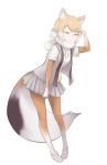  1girl animal_ears bangs blonde_hair bodysuit breasts buttons closed_mouth eyebrows eyebrows_visible_through_hair facing_away fox_ears fox_tail full_body fur_collar grey_hair grey_skirt hand_over_eye hand_up ise_(0425) kemono_friends leaning leaning_forward loafers looking_away miniskirt multicolored multicolored_clothes multicolored_legwear necktie open_clothes open_shirt pantyhose pigeon-toed pleated_skirt shoes short_hair short_sleeves simple_background skirt small_breasts solo standing swept_bangs tail tibetan_sand_fox_(kemono_friends) vest white_background white_footwear white_hair white_neckwear yellow_eyes 