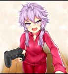 1girl alternate_costume controller fang game_controller hair_between_eyes hair_ornament holding long_sleeves looking_at_viewer low_twintails messy_hair open_mouth playstation_controller purple_hair red_track_suit short_hair_with_long_locks smile solo track_suit twintails violet_eyes voiceroid wooden_floor yarareimu yuzuki_yukari zipper zipper_pull_tab 