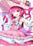  1girl absurdres blue_eyes choker dress elizabeth_bathory_(fate) elizabeth_bathory_(fate)_(all) eyebrows_visible_through_hair fate/extra fate_(series) flower frilled_choker frilled_dress frills hair_between_eyes hat hat_flower highres holding holding_microphone layered_dress long_hair looking_at_viewer microphone nanakusa_amane one_eye_closed pink_hair pointy_ears smile solo 