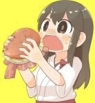  1girl akagi_(kantai_collection) bacon black_eyes black_hair blush commentary drooling eating food hamburger inishie japanese_clothes kantai_collection long_hair open_mouth solo sweat tasuki upper_body yellow_background 