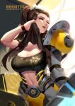  1girl absurdres arm_armor armor breasts brigitte_(overwatch) brown_eyes brown_hair character_name cian_yo cleavage crop_top freckles highres large_breasts looking_to_the_side midriff navel one_eye_closed open_mouth overwatch parted_lips ponytail shirt_lift shoulder_armor sports_bra sweat 