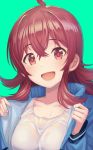  ahoge blue_jacket blush bra commentary green_background highres idolmaster idolmaster_shiny_colors jacket komiya_kaho medium_hair open_mouth red_eyes redhead see-through shirt smile sweat sweatdrop underwear wet_clothes white_bra white_shirt yoshika_(music480069) 