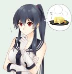  ... 1girl aqua_background bare_shoulders black_sailor_collar breasts closed_mouth collarbone elbow_gloves eyebrows_visible_through_hair finger_to_face food freckles fruit gloves hair_tie hand_on_own_arm ichinomiya_(blantte) kantai_collection lemon long_hair looking_at_viewer medium_breasts plate ponytail red_eyes sailor_collar school_uniform serafuku shiny shiny_hair shirt simple_background sleeveless sleeveless_shirt solo thinking thought_bubble upper_body v-shaped_eyebrows white_gloves white_shirt yahagi_(kantai_collection) 