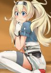  1girl blonde_hair blue_eyes blue_shirt blush breasts commentary_request gambier_bay_(kantai_collection) gloves hair_between_eyes headband kantai_collection katakata_unko large_breasts long_hair multicolored multicolored_clothes shirt short_sleeves shorts simple_background solo thigh-highs twintails white_gloves worried 