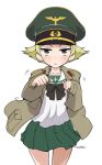  &gt;:&lt; 1girl :&lt; black_neckwear blonde_hair blouse blush bow bowtie brown_eyes brown_jacket closed_mouth commentary cowboy_shot erwin_(girls_und_panzer) frown girls_und_panzer goggles goggles_on_headwear green_hat green_skirt hat jacket long_sleeves looking_at_viewer military military_hat military_jacket military_uniform miniskirt motion_lines ooarai_school_uniform open_clothes open_jacket paw_pose peaked_cap pleated_skirt pointy_hair school_uniform serafuku short_hair simple_background skirt sleeves_past_wrists solo standing staring uniform v-shaped_eyebrows wata_do_chinkuru white_background white_blouse 