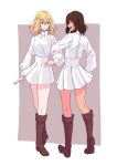  2girls andou_(girls_und_panzer) bc_freedom_military_uniform black_footwear black_hair blonde_hair blue_eyes boots closed_mouth dark_skin dress_shirt facing_another from_behind full_body girls_und_panzer grey_background high_collar highres kani_aruki_(bucket_crawl) knee_boots locked_arms looking_at_another medium_hair military military_uniform miniskirt multiple_girls open_mouth oshida_(girls_und_panzer) outside_border pleated_skirt shirt skirt smile standing uniform white_shirt white_skirt 