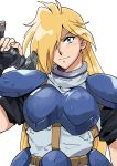  1boy arm_at_side bangs blonde_hair blue_eyes breastplate closed_mouth ears_visible_through_hair eyebrows eyebrows_visible_through_hair fingernails gourry_gabriev hair_between_eyes hair_over_one_eye hand_up holding holding_sword holding_weapon long_hair looking_at_viewer male_focus medu_(rubish) over_shoulder pauldrons simple_background slayers smile solo straight_hair sword upper_body weapon weapon_over_shoulder white_background 