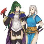  2girls armor breasts cape cleavage cosplay female_my_unit_(fire_emblem:_kakusei) fire_emblem fire_emblem:_kakusei fire_emblem:_rekka_no_ken fire_emblem_heroes gloves green_hair intelligent_systems kamu_(kamuuei) long_hair lyndis_(fire_emblem) lyndis_(fire_emblem)_(cosplay) mamkute multiple_girls my_unit_(fire_emblem:_kakusei) nintendo ponytail robe smile super_smash_bros. super_smash_bros._ultimate super_smash_bros_for_wii_u_and_3ds thighs twintails very_long_hair white_background white_hair 