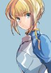  1girl armor armored_dress artoria_pendragon_(all) bangs blonde_hair blue_background blue_dress blue_eyes braid breastplate closed_mouth dress eyebrows eyebrows_visible_through_hair facing_away fate/stay_night fate_(series) french_braid from_side frown hair_between_eyes hair_bun highres long_sleeves looking_away looking_to_the_side medu_(rubish) puffy_long_sleeves puffy_sleeves saber short_hair sidelocks simple_background solo turtleneck upper_body 