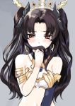  1girl armlet bare_shoulders black_hair black_ribbon blush breasts covered_mouth crown detached_sleeves earrings eyebrows eyebrows_visible_through_hair facing_viewer fate/grand_order fate_(series) gem grey_background hair_grab hair_intakes hair_ribbon hoop_earrings ishtar_(fate/grand_order) jewelry long_hair long_sleeves medu_(rubish) midriff navel red_eyes ribbon sidelocks single_sleeve small_breasts solo stomach tohsaka_rin two_side_up 