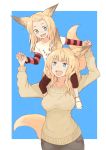  :d animal_ears batta_(kanzume_quality) blonde_hair blue_eyes carrying fang fox_ears fox_girl fox_tail hair_ornament hairclip hand_holding long_hair mother_and_daughter nib_pen_(medium) open_mouth original shirt shoulder_carry smile striped striped_shirt sweater tail traditional_media wavy_hair 