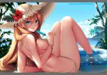  1girl 2018 arm_support artist_name bangs bare_arms bare_back bare_legs bare_shoulders bikini blonde_hair blue_eyes blue_sky breasts butt_crack clouds copyright_request dappled_sunlight day flower food green_bikini green_ribbon hair_between_eyes hat hat_flower hibiscus holding holding_food innertube kaho_okashii knees_up large_breasts leaning_back letterboxed long_hair looking_at_viewer looking_back palm_tree parted_lips polka_dot popsicle ribbon side-tie_bikini sideboob signature sitting sky smile solo straw_hat sunlight swimsuit tree very_long_hair 