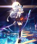  1girl absurdres bare_shoulders black_legwear blue_eyes blurry blurry_background building cityscape collarbone colored_eyelashes commentary_request dress highres holding holding_weapon horns jack-o&#039;-lantern long_hair night night_sky original short_dress silver_hair sky solo sword thigh-highs weapon zipplin 