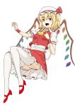  1girl ascot bent_elbow blonde_hair bow breasts collared_shirt commentary_request eyebrows_visible_through_hair flandre_scarlet full_body garter_straps gem hand_on_own_chest hat hat_bow high_heels highres kakone layered_skirt looking_at_viewer mob_cap one_side_up open_mouth plantar_flexion puffy_short_sleeves puffy_sleeves red_bow red_eyes red_footwear red_skirt red_vest sash shirt shoes short_hair short_sleeves simple_background skirt slit_pupils small_breasts solo teeth thigh-highs tongue touhou vest white_background white_legwear white_shirt wing_collar wings yellow_neckwear 