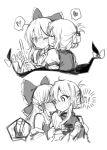  !? 2girls absurdres bamboo_broom bangs blush bow broom cheek_kiss closed_eyes closed_mouth detached_sleeves eyebrows_visible_through_hair folded_ponytail full-face_blush gap greyscale hair_between_eyes hair_bow hair_tubes hakurei_reimu heart highres juliet_sleeves kiss long_hair long_sleeves monochrome multiple_girls no_hat no_headwear nose_blush one_eye_closed puffy_sleeves shinoba shoes sidelocks simple_background spoken_heart spoken_interrobang sweat tiptoes touhou white_background yakumo_yukari yuri 