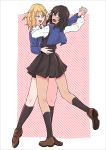  2girls andou_(girls_und_panzer) arm_around_neck arm_around_waist bangs bc_freedom_school_uniform black_border black_hair black_legwear black_skirt blonde_hair blue_eyes blue_neckwear blue_sweater border brown_eyes brown_footwear cardigan dancing dark_skin diagonal-striped_background diagonal_stripes dress_shirt from_behind frown full_body girls_und_panzer hand_holding highres kani_aruki_(bucket_crawl) kneehighs loafers long_sleeves looking_at_another looking_at_viewer looking_back medium_hair miniskirt multiple_girls necktie open_mouth oshida_(girls_und_panzer) pleated_skirt red_background red_neckwear shirt shoes skirt smile standing striped_neckwear sweater sweater_around_neck white_shirt wing_collar 