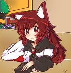  1girl :3 absurdres animal_ears blush breasts brooch brown_hair commentary doge dress highres imaizumi_kagerou indoors jewelry long_sleeves looking_at_viewer majormilk medium_breasts parody red_eyes solo style_parody tail touhou wide_sleeves wolf_ears wolf_tail wool_(miwol)_(style) 