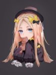  1girl abigail_williams_(fate/grand_order) bangs black_bow black_dress black_hat blonde_hair blue_eyes bow commentary covered_mouth dress even_(17245601) fate/grand_order fate_(series) forehead grey_background hair_bow hat highres holding holding_stuffed_animal long_hair long_sleeves looking_at_viewer parted_bangs polka_dot polka_dot_bow simple_background sleeves_past_fingers sleeves_past_wrists solo stuffed_animal stuffed_toy teddy_bear very_long_hair yellow_bow 