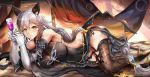  1girl animal_ears bare_shoulders black_dress breasts cat_ears commentary_request covered_navel cup dress drinking_glass erune fishnet_legwear fishnets gloves granblue_fantasy heles high_heels highres himuro_(dobu_no_hotori) large_breasts long_hair lying on_side silver_hair smile solo thigh-highs very_long_hair white_gloves yellow_eyes 