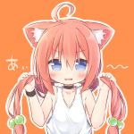  1girl :d ahoge animal_ears ayanepuna bangs bare_shoulders black_choker blue_eyes blush cat_ears choker collarbone commentary_request eyebrows_visible_through_hair fang hair_between_eyes hair_bobbles hair_ornament hands_up hinata_channel holding holding_hair long_hair looking_at_viewer low_twintails nekomiya_hinata open_mouth orange_background redhead simple_background smile solo tank_top translation_request twintails upper_body very_long_hair virtual_youtuber white_tank_top 