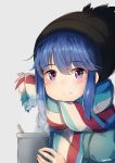  1girl bangs beanie black_hat blue_hair blue_jacket blush closed_mouth commentary_request cup eyebrows_visible_through_hair grey_background hair_between_eyes hat jacket long_hair looking_at_viewer scarf shima_rin signature simple_background smile solo steam striped striped_scarf sylphine violet_eyes yurucamp 