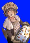  1girl apron baiomeisai bangs bazelgeuse blue_background blush brown_eyes brown_gloves capelet collarbone commentary_request explosion eyebrows_visible_through_hair food gloves grey_hair headdress highres holding holding_tray long_sleeves looking_at_viewer monster_hunter monster_hunter:_world open_mouth pants personification scales shirt short_hair simple_background smile solo tail teeth tray upper_body 