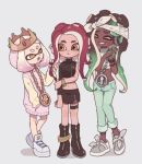  3girls agent_8 artist_request asymmetrical_clothes black_shirt cephalopod_eyes closed_eyes crop_top crown dark_skin domino_mask headband hime_(splatoon) iida_(splatoon) mask midriff miniskirt multiple_girls octarian pink_hair pink_pupils pointy_ears shirt simple_background skirt smile splatoon splatoon_2 splatoon_2:_octo_expansion sweater takozonesu tentacle_hair white_hair 