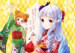  2girls :d aikatsu! aikatsu_stars! arm_up bag blush braid brown_eyes double_bun drill_hair floral_print flower green_eyes hair_flower hair_ornament highres japanese_clothes kimono light_blue_hair long_hair looking_at_viewer multiple_girls nikaidou_yuzu oka_paya open_mouth orange_hair shirogane_lilly short_hair sidelocks smile standing very_long_hair yellow_background 