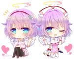  2girls ;d angel angel_wings ankle_lace-up bangs black_legwear blue_eyes blue_hair blush breasts capelet chibi closed_mouth commentary_request cross-laced_footwear dress dual_persona eyebrows_visible_through_hair feathered_wings garter_straps gradient_hair hair_between_eyes hair_ornament hairband halo hands_up hat heart holding holding_syringe jacket kneeling looking_at_viewer luka_(shironeko_project) medium_breasts multicolored_hair multiple_girls nurse nurse_cap one_eye_closed open_mouth pantyhose pink_footwear pink_jacket print_dress purple_hair red_hairband shironeko_project short_sleeves sitting smile star star-shaped_pupils star_hair_ornament symbol-shaped_pupils syringe thigh-highs twitter_username white_background white_capelet white_dress white_hat white_legwear white_wings wing_hair_ornament wings wrist_cuffs yukiyuki_441 