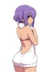  1girl ass breasts chan_co cowboy_shot dark_skin eyebrows_visible_through_hair fate/prototype fate/prototype:_fragments_of_blue_and_silver fate_(series) from_behind hassan_of_serenity_(fate) jpeg_artifacts legs legs_together meme_attire profile purple_hair ribbed_sweater short_hair shoulder_blades simple_background small_breasts solo sweater turtleneck turtleneck_sweater type-moon violet_eyes virgin_killer_sweater white_sweater 