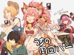 1boy 3girls :3 animal_ears apron arash_(fate) armor armpits bare_shoulders bell bell_collar belt black_hair black_hat blonde_hair blush book breasts cat_hair_ornament cat_paws closed_eyes collar commentary_request craft_essence csyko detached_collar detached_sleeves dress eyebrows_visible_through_hair fangs fate/grand_order fate/prototype fate/prototype:_fragments_of_blue_and_silver fate_(series) flat_chest fox_ears fox_tail gameplay_mechanics gloves grey_background hair_ornament hair_ribbon hat helena_blavatsky_(fate/grand_order) highres jingle_bell long_hair maid_headdress multiple_girls naked_apron open_mouth pantyhose paul_bunyan_(fate/grand_order) paw_gloves paw_shoes paws pink_hair ponytail purple_hair red_ribbon ribbon shoes short_hair simple_background small_breasts smile strapless strapless_dress tail tamamo_(fate)_(all) tamamo_cat_(fate) violet_eyes weapon yellow_eyes 