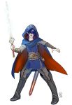  1girl armor blue_hair cape falchion_(fire_emblem) fingerless_gloves fire_emblem fire_emblem:_kakusei gloves highres lucina mark_(fire_emblem) marth_(fire_emblem:_kakusei) mask open_mouth reverse_trap short_hair sword tiara ticcy weapon 