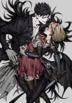  1boy 1girl belial_(granblue_fantasy) black_hair black_shirt blonde_hair blood brown_eyes djeeta_(granblue_fantasy) dress gauntlets granblue_fantasy hairband komo_(sleepy) pectorals pink_dress puffy_short_sleeves puffy_sleeves red_eyes shirt short_hair short_sleeves smile 