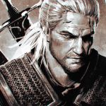  1boy armor chainmail face facial_hair geralt_of_rivia ilya_kuvshinov male_focus monochrome ponytail scar solo stubble sword the_witcher the_witcher_3 upper_body weapon 