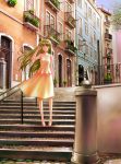  1girl blonde_hair check_commentary clothes commentary commentary_request day dress hand_in_hair highres house lamppost landscape long_hair original partial_commentary portugal road smile stairs street tree violet_eyes wind yusao 