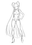  1girl bodysuit breasts cleavage collarbone commentary electro_emilia full_body hand_on_hip headgear ken_(koala) large_breasts leotard lineart long_hair looking_at_viewer monochrome original simple_background skin_tight smile solo standing very_long_hair 