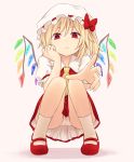  1girl blonde_hair bow closed_mouth fingernails flandre_scarlet foreshortening full_body hand_on_own_cheek hat hat_bow looking_at_viewer mary_janes miniskirt miyo_(ranthath) mob_cap panties pantyshot pantyshot_(squatting) pink_background puffy_short_sleeves puffy_sleeves red_bow red_eyes red_footwear red_skirt shoes short_sleeves simple_background skirt socks solo squatting touhou underwear white_hat white_panties wings yellow_neckwear 